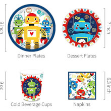 (As show, One size) Kit de fête sur le thème des robots de dessin animé - Décorations pour 16 personnes - Comprend des assiettes