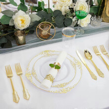 (As show, One size) 175 PIÈCES BLANCHES ET OR - Comprend 25 assiettes plates blanches, 25 assiettes à dessert dorées, 25