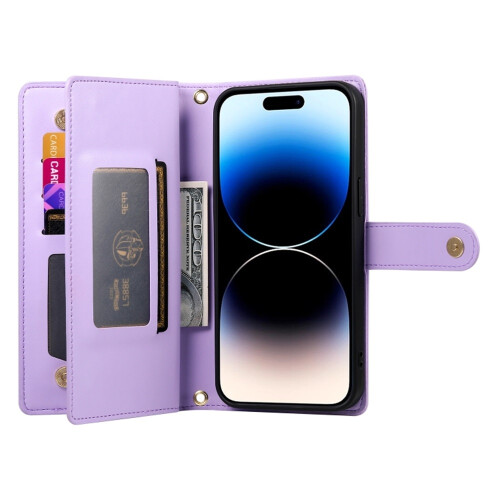 Purple Leather Wallet Case for iPhone 14 Pro 6.1 inch with 2