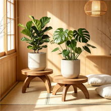 2 Pcs Round Wooden Low Plant Risers, Rustic Farmhouse Plant Pedestal Stool, Indoor Outdoor Flower Holder