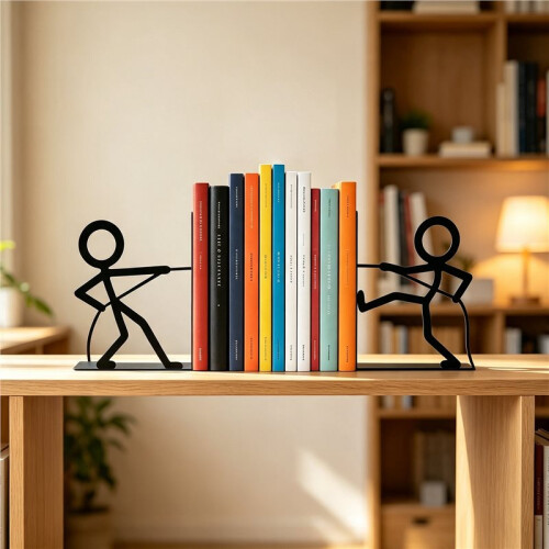 Black Pulling Figure Metal Bookends, Decorative Art Book Stoppers, Non-Slip Stable Book Holder 1