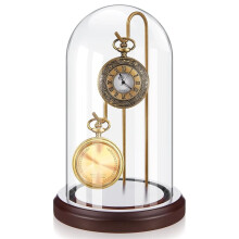 4x7 Inch Wooden Pocket Watch Display Case with Glass Cloche Dome, Walnut Base with Gold 2-Hook Metal Stand