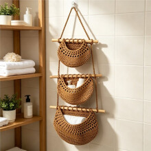 3 Tier Hanging Fruit Basket, Boho Cotton Rope Wall Mounted Produce Holder for Kitchen, Bath & Pantry