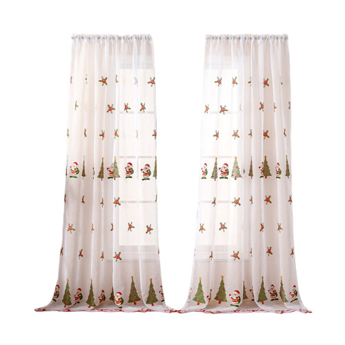 Embroidered Christmas Sheer Curtains Red Gold Green Tree 1