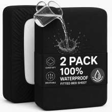 (Black, King) 2 Pack Waterproof Fitted Sheet Extra Deep Skirt 30cm