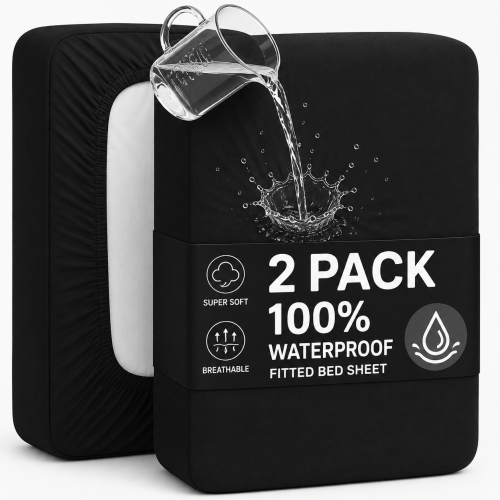 (Black, King) 2 Pack Waterproof Fitted Sheet Extra Deep Skirt 30cm