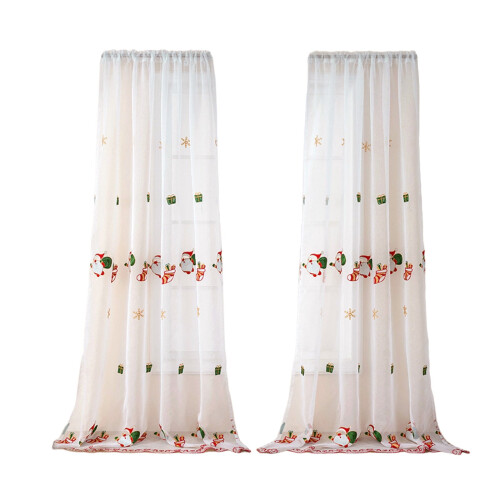 Embroidered Christmas Sheer Curtains Red Gold Green Tree 1