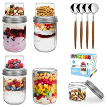 4 Pack Overnight Oats Containers, (16Oz+5Oz) Glass MasonJars with Dry and Wet Separation for Cereal Nut Fruit Salad