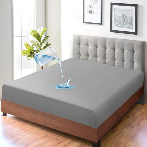 (Grey, Single) 2 Pack Waterproof Fitted Sheet Extra Deep Skirt 30cm 2