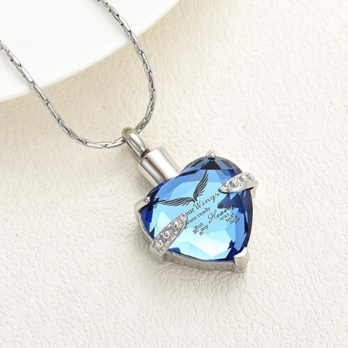 Crystal Heart Cremation Necklace with Angel Wings Pattern 2
