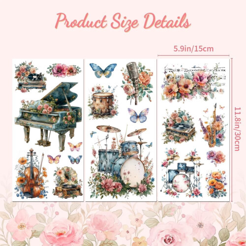 Rub-on Transfer Decals Musical Instruments Flowers 1