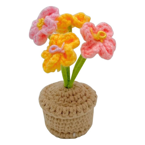 Handmade Knitted Flower Pot Decor with Crochet Rose 1