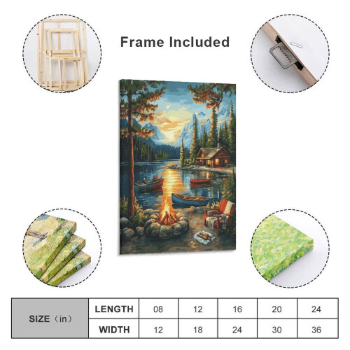Sunset Cabin Canoe Canvas Print 20x30 inch Framed 1