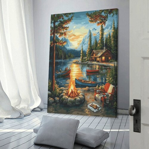 Sunset Cabin Canoe Canvas Print 20x30 inch Framed 2