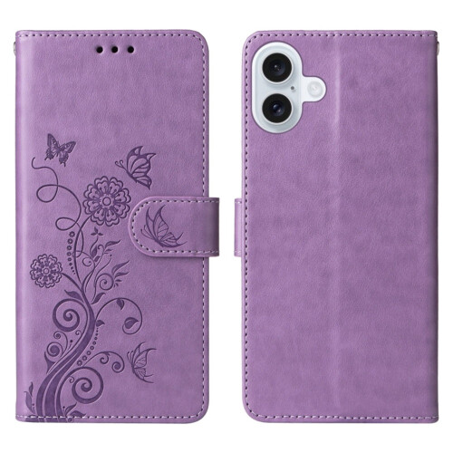 Purple Butterfly Flower Flip Leather Case for iPhone 16 Plus 1
