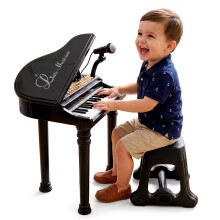 (Black) The Magic Toy Shop Childs Electronic Keyboard Grand Piano Musical Instrument Toy Microphone & Stool