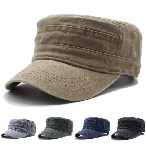 Vintage Washed Denim Military Cap Cotton Flat Top Adjustable 2