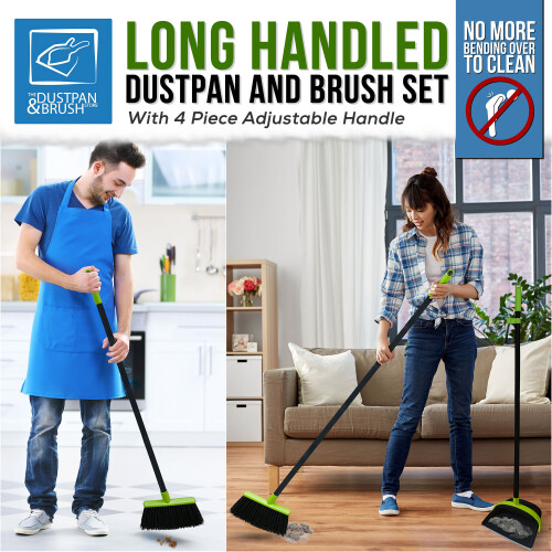 Upright Dustpan Brush Set Long Handle Green Broom 2