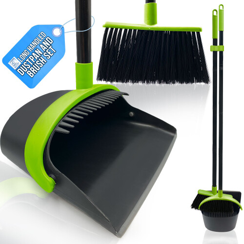 Upright Dustpan Brush Set Long Handle Green Broom