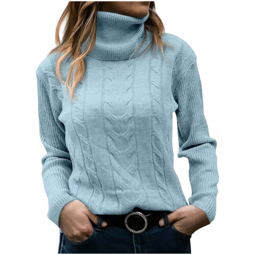 Women's Light Blue Slouchy Turtleneck Cable Knit Sweater 1