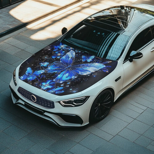 Blue Butterfly Car Hood Cover Stretch Polyester Elastic 2