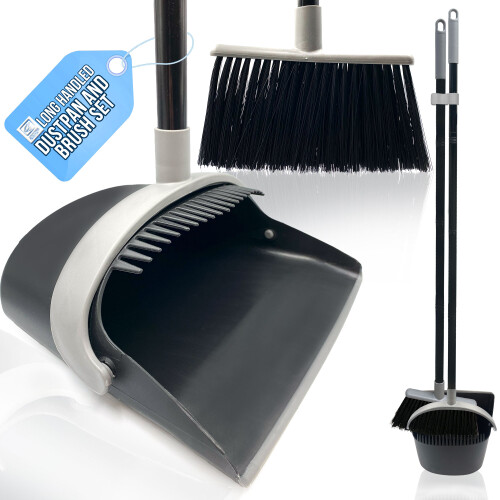 Upright Dustpan Brush Set Long Handle Grey Broom