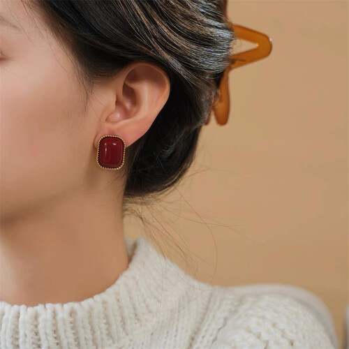 Geometry Red Stud Earrings S999 Sterling Silver Vintage 2