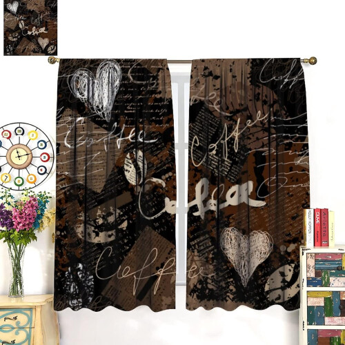 Coffee Graffiti Kitchen Curtains Vintage Brown 2 Panels 2