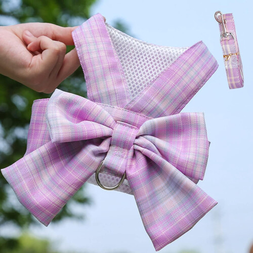 Dog Harness and Leash Set Adjustable Breathable Plaid Vest 1