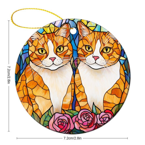 Ceramic Christmas Ornament with Two Orange Cats, Round Flat 1