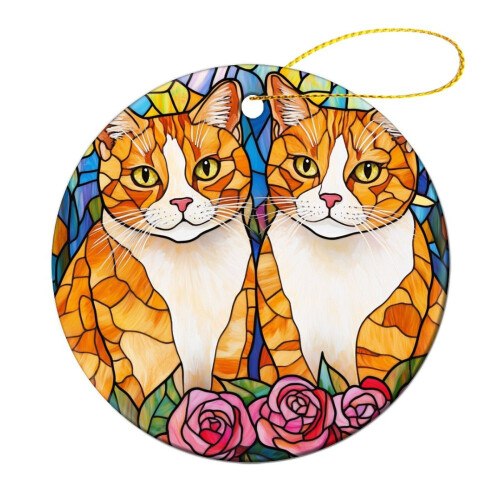 Ceramic Christmas Ornament with Two Orange Cats, Round Flat 2