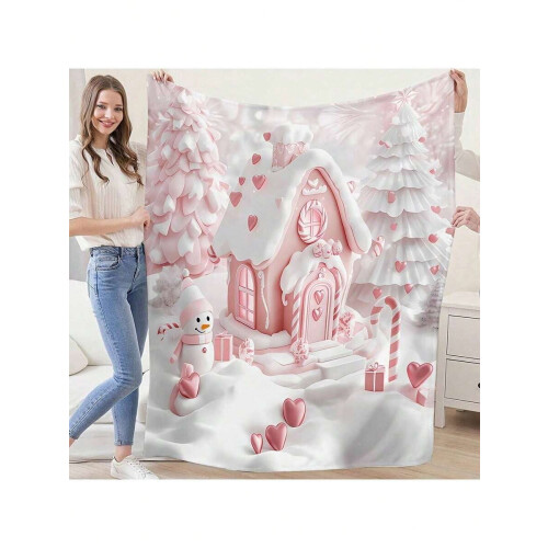 Pink Gingerbread House Throw Blanket Reversible Flannel 1