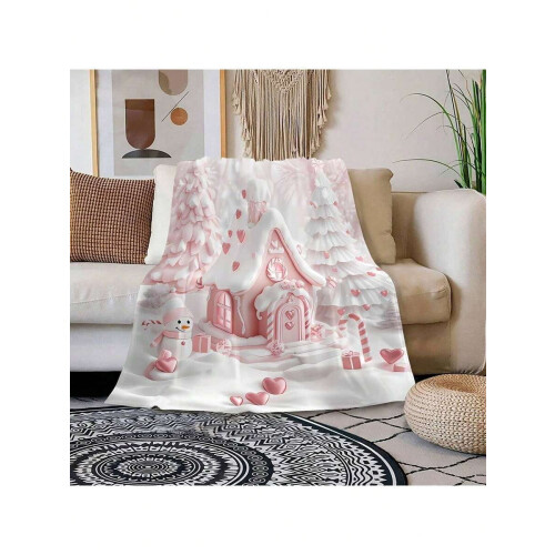 Pink Gingerbread House Throw Blanket Reversible Flannel 2