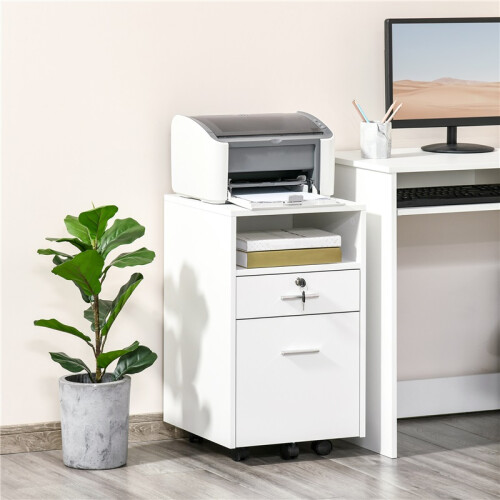 Lockable Two-Drawer Filing Cabinet, with Wheels - White 2