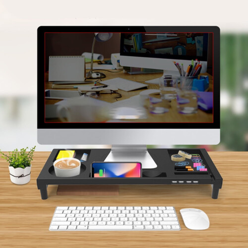 Small Monitor Riser Black Plastic 1 Pc 52.5x23 cm with USB 2