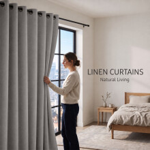(66W x 54D-Curtain Pair, Beige) 260GSM Linen Curtains Blackout Thermal Insulated Drapes | 100% Light Blocking & Ready Made