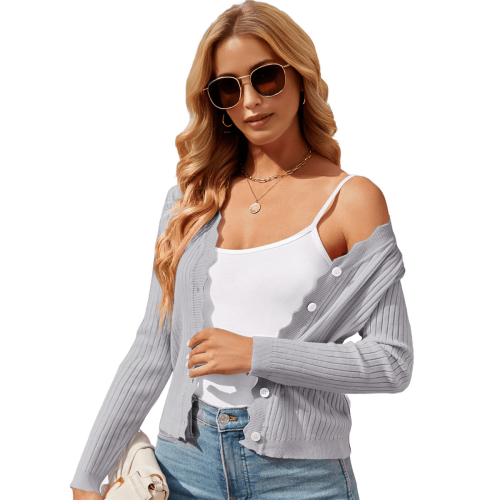 Women's V-Neck Long Sleeve Button-Down Cardigan Sweater 1