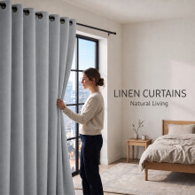 (90W x 90D-Curtain Pair, Silver) 260GSM Linen Curtains Blackout Thermal Insulated Drapes | 100% Light Blocking & Ready Made