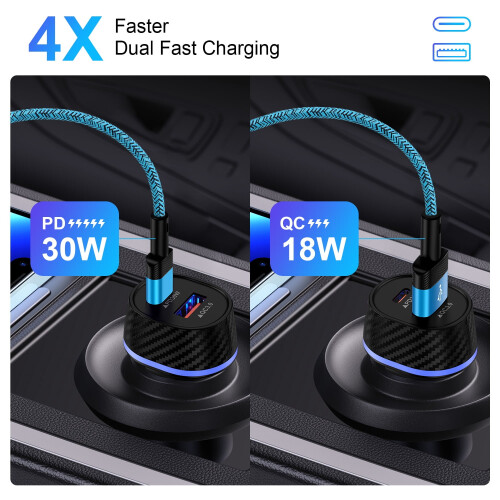 Type C Car Charger 48W PD QC 3-Pack with 6ft and 10ft Cables 2