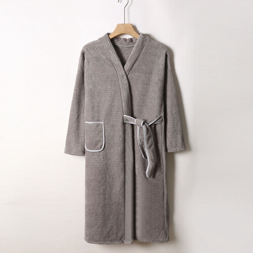 Women's Fleece Bathrobe Solid Color Long Sleeve Gray One 1