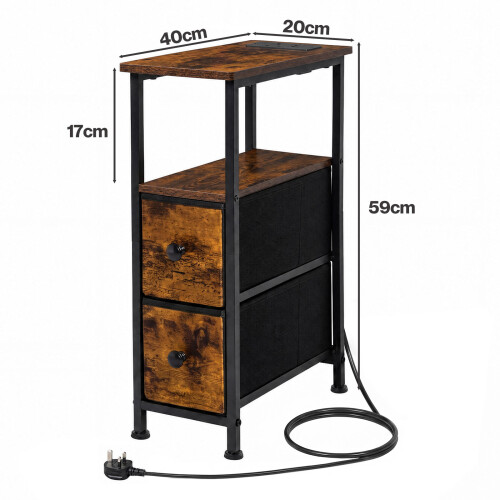 Levede Bedside Table Narrow Side Table with LED Charging Station Storage Brown 1