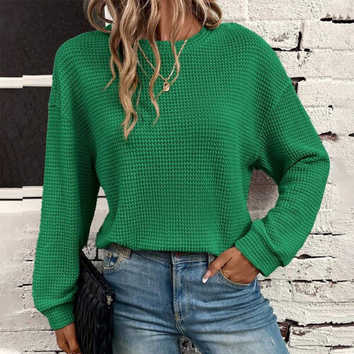 Women's Waffle-Knit Long Sleeve Pullover Sweater 1