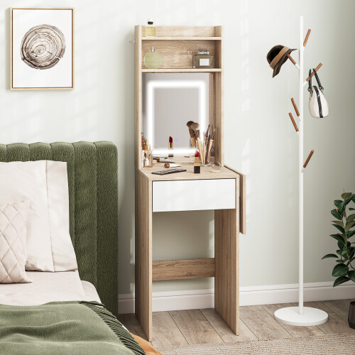 Homcom HOMCOM Compact Dressing Table with Lighted Mirror Open Shelves Natural Wood 2