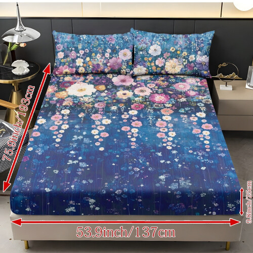 Queen Sheet Set Soft Cooling Polyester Dark Blue Floral 1