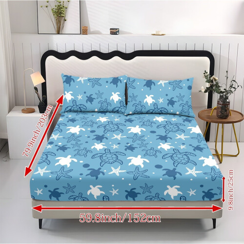 Turtle Starfish Printed Bed Sheets Set Blue King 3 Pcs 1