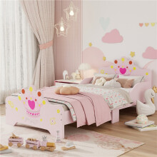 Kids Toddler Bed Princess Crown Theme Safety Side Rails Slats Home Bedroom Furniture Boys Girls 3-6 Years Pink 143 x 73 x 60 cm