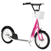 Kids Scooter, Adjustable Handlebar, Dual Brakes, Basket, Cupholder, Mudguard, 16" Inflatable Rubber Wheels, for 5-12 years, Pink