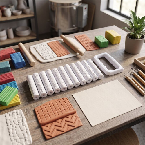 Embossing Rolling Pins Set for Pottery Clay with 12 Patterns Ceramics Polymer Clay DIY with Non-Stick Handle 1