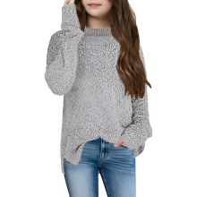 Girls' Fleece Sweater - Fluffy Warm Tunic, Round Mock Neck, High-Low Hem - 60% Polyester 40% Cotton, 5-6 Years (120), Gray