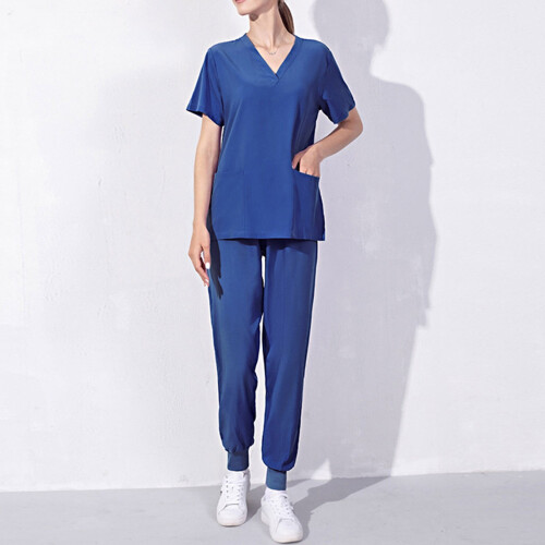 Women's Jogger Scrubs Dark Blue Short-Sleeve Solid with 1